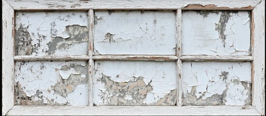 Weathered wooden window frame with peeling paint showcasing signs of abandonment and deterioration in an aging structure