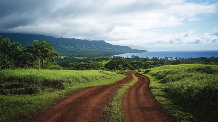 Fototapeta premium Scenic coastal dirt road meandering through lush fields with dramatic clouds and ocean views in the background