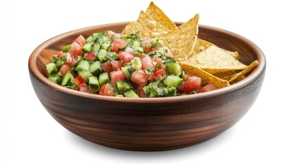 Bowl of green tortilla chips served with fresh salsa on a wooden platter against a white background