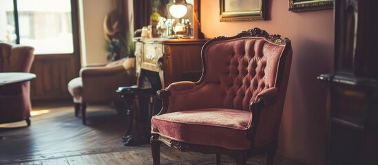 Elegant vintage living room showcasing antique furnishings and warm lighting, creating a cozy inviting ambiance for relaxation.