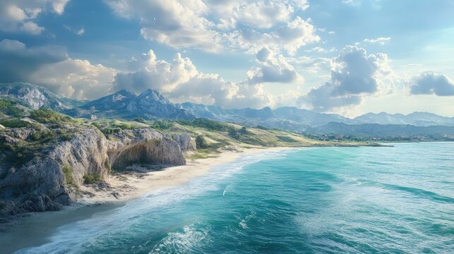 Serene coastal landscape with mountains and vibrant blue waters under a dramatic sky showcasing nature's beauty and tranquility