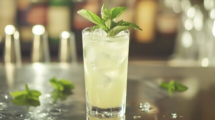 Refreshing cocktail served in a glass with mint leaves on a bar countertop with blurred bottles in the background