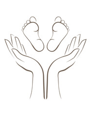 Mum's hands and baby's feet. Drawn with a line. 