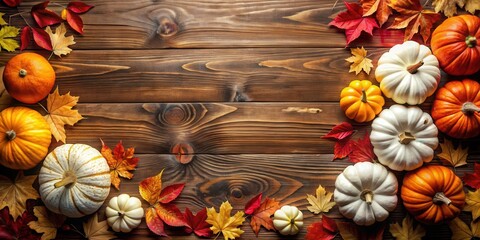 Fototapeta premium Autumnal Harvest Scene with Pumpkins and Colorful Leaves on Rustic Wooden Background