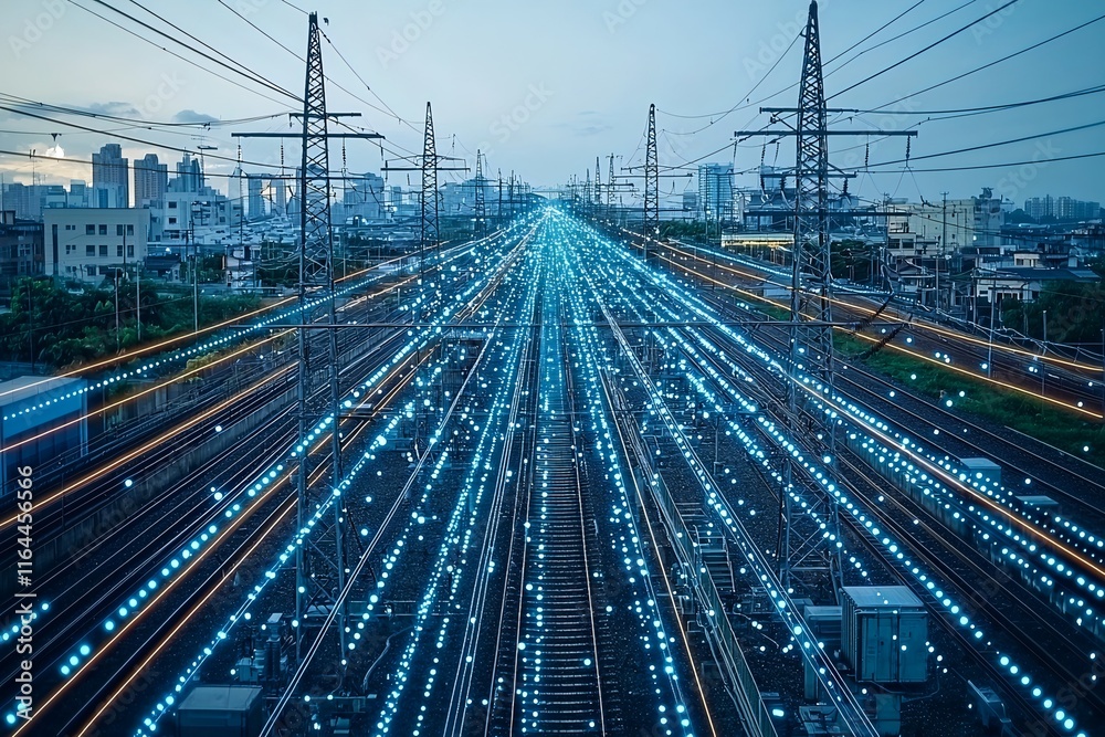 Poster smart grid visualization with digital data streams connecting energy infrastructure