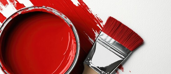 Close up of red paint can and brush on white surface perfect for home improvement and DIY projects showcasing vibrant color options.