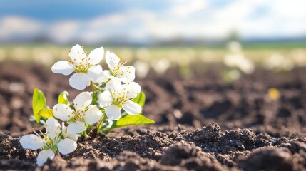 Close up view of cherry blossom flowers emerging from rich dark soil in a vibrant agricultural field under a sunny sky.