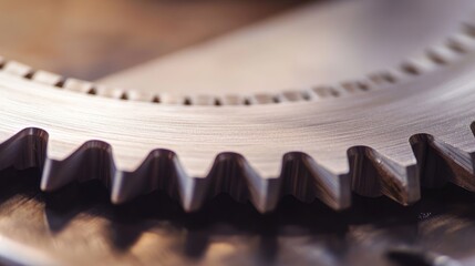 Close-up of circular saw teeth showcasing intricate design and sharpness on a blurred background for industrial and manufacturing contexts