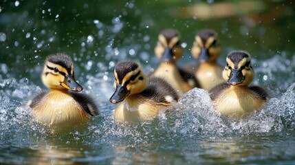 Diverse group of ducklings swimming energetically in a sparkling lake creating splashes and ripples in the clear water.