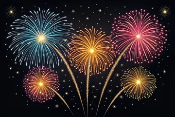 fireworks on the black sky with bokeh background. New Year celebration, Abstract holiday background