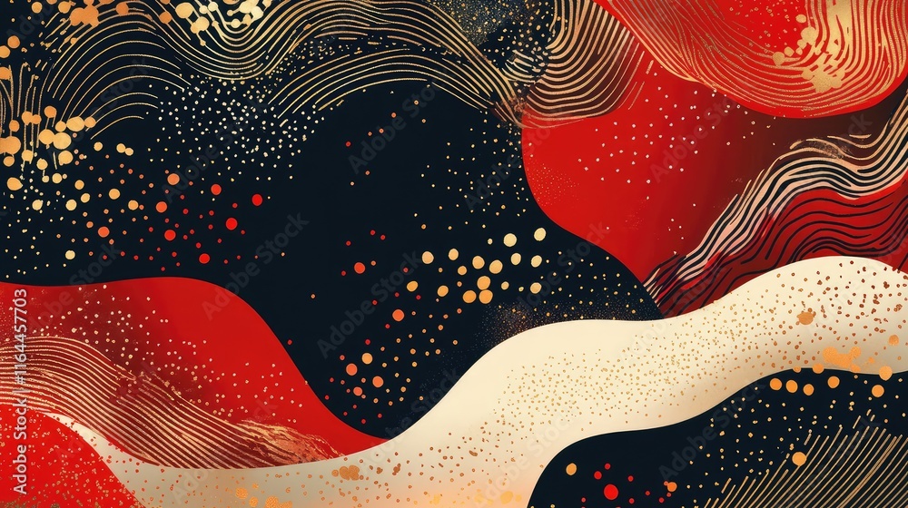 Fototapete hand-drawn abstract new year composition with bold red patterns and glowing gold brushstrokes.