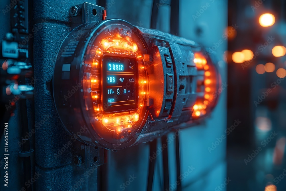Poster close up of futuristic smart meter displaying real time energy usage data for efficient monitoring a
