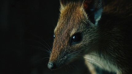 Close up portrait of a bandicoot showcasing intricate details and textures against a dark background for wildlife and nature enthusiasts