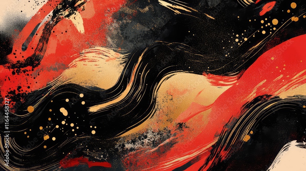 Fototapete hand-drawn abstract new year composition with bold red patterns and glowing gold brushstrokes.