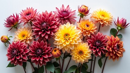 Vibrant Velvety Dahlias, A Lush Arrangement of Autumn Blooms on White Background