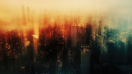 Urban skyline with a vintage color effect and blurred background creating a nostalgic cityscape ambiance at sunset