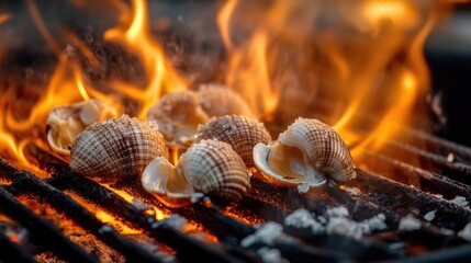 Grilled cockles sizzling on a flaming barbecue showcasing vibrant colors and textures for a mouthwatering seafood feast.