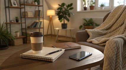 Cozy workspace with a notebook, pen, smartphone, and coffee cup on a wooden table