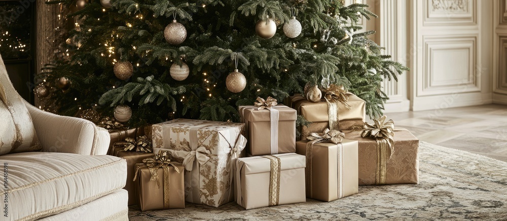 Poster Elegant Christmas gifts under a beautifully decorated tree with beige and gold accents creating a warm festive atmosphere at home