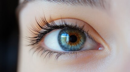 Close up of beautifully enhanced eye featuring eyelash extensions and undereye patches for eye care and beauty treatments
