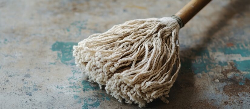 Vintage close up of an old mop with frayed strands highlighting its rustic character and practicality in everyday cleaning tasks.