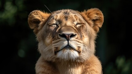 Naklejka premium Majestic female lion basking in sunlight with eyes closed, showcasing serene expression in natural wild environment.