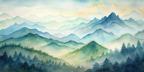 Serene Watercolor Landscape of Misty Mountains and Coniferous Forest