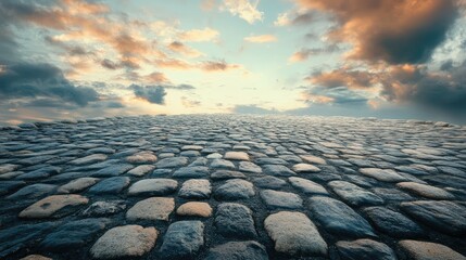 Cobbled streets under a beautiful sky at sunset showcasing a peaceful historic landscape and dramatic cloud formations