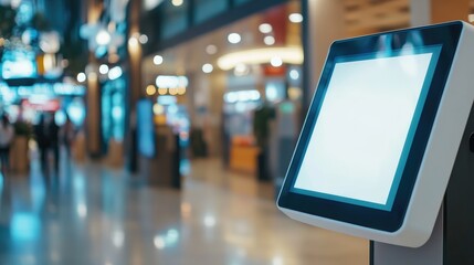 Information terminal kiosk with blank screen in a modern mall or office setting ideal for digital signage or visitor interaction displays