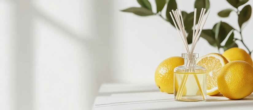 Citrus reed diffuser with lemons displayed against a bright white background for enhancing home fragrance and decor aesthetics