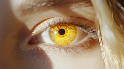 Close up of a vibrant yellow contact lens in a human eye showcasing detailed textures and colors for creative and artistic uses.