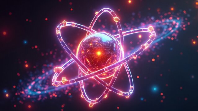 Vibrant Glowing Atom Structure, Abstract Sci-fi Energy Particle Nucleus, Neon Orbitals, Quantum Physics Illustration