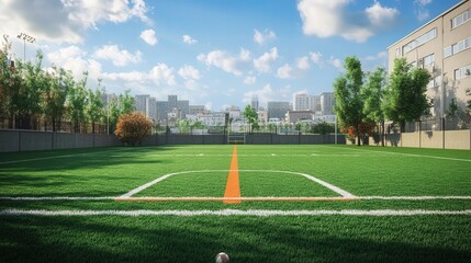 Urban sports field with vibrant green grass and clear blue sky during the day in a city setting
