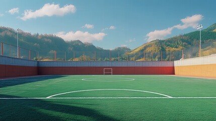 Obraz premium Soccer field with scenic mountain backdrop under clear blue sky during daylight