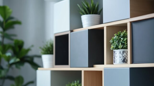 Modern stackable cube storage unit with plants showcasing contemporary interior design elements and organization solutions indoors