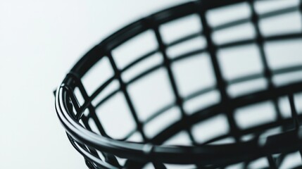 Close up view of a black wire basket with a minimalist design against a white background showcasing texture and depth in composition