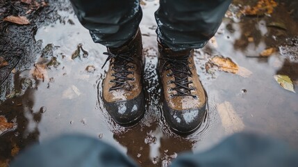 Close up of waterproof boots splashing in a rain puddle surrounded by autumn leaves in a natural outdoor setting