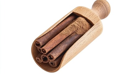 Cinnamon sticks and powder in wooden scoop on white background showcasing the aromatic spice in a flat lay top view composition