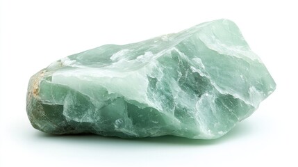 Close up of a light green gemstone showcasing its natural texture and color on a pure white background for high-quality product display