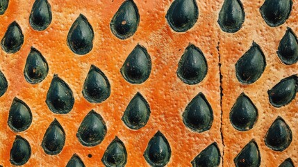 Close up texture of orange and dark green watermelon skin showcasing intricate seed patterns and vibrant colors for natural food backgrounds