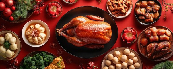 A vibrant spread of festive foods featuring a roasted chicken centerpiece, surrounded by various traditional dishes on a red tablecloth.