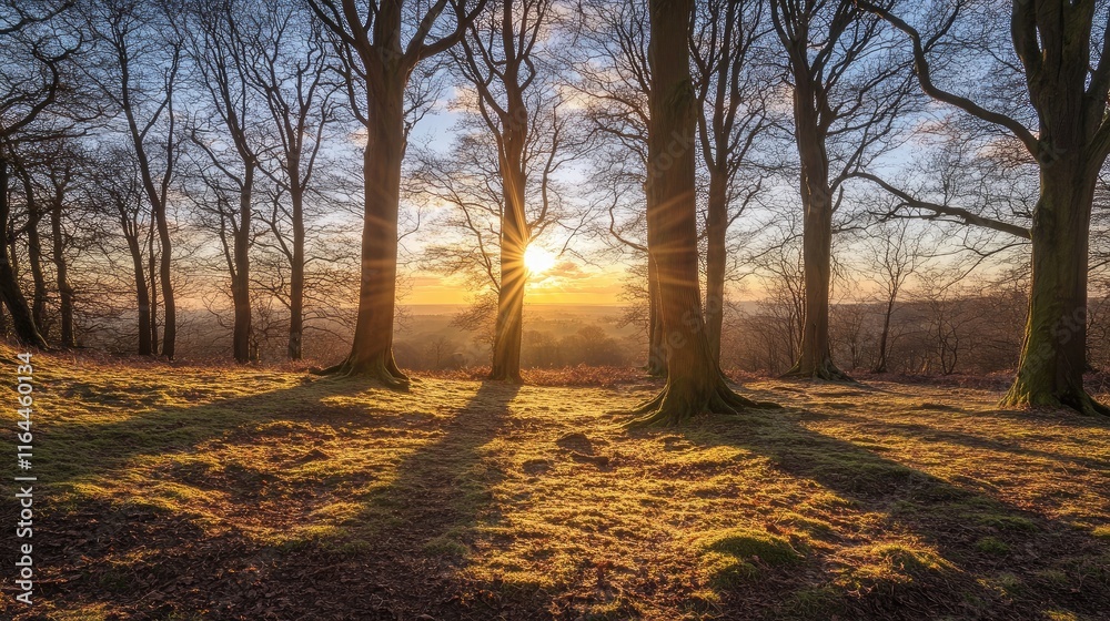 Wall mural golden hour sunset illuminating trees with a backlit sky creating a serene nature backdrop and long 