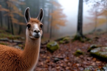 A curious llama stands amidst a misty forest landscape, exhibiting natural beauty and a serene atmosphere, perfect for wildlife and nature enthusiasts.