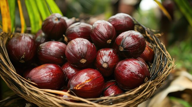 Close up of vibrant red babassu coconuts nestled in a woven basket surrounded by lush palm leaves in a natural setting.
