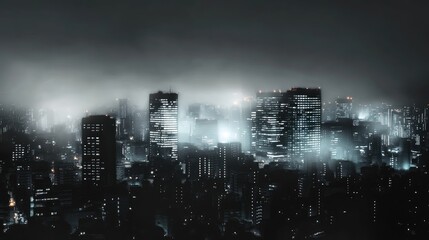 Fototapeta premium Urban nighttime skyline with blurred lights and bokeh effect creating a dreamy atmosphere against a dark background