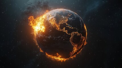 This striking visual depicts Earth surrounded by intense flames and smoke, highlighting the urgent issue of environmental destruction and climate change in outer space. Generative AI
