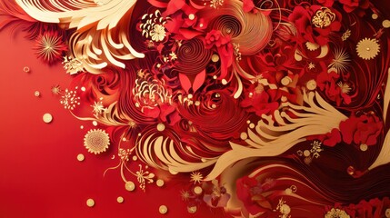 Intricate abstract paper-cutting New Year composition with swirling red designs and luminous gold accents.