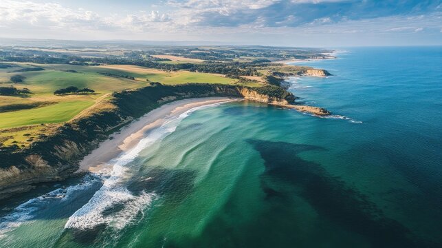 Serene Aerial View of the Beautiful Coastline at Beachport with Rolling Waves and Lush Green Landscape in the Background