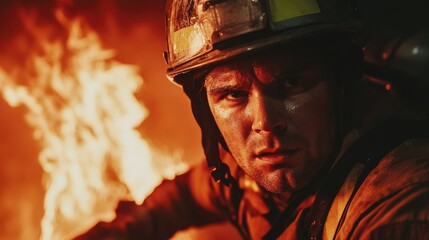 Firefighter battling flames in a close-up portrait showcasing determination and bravery during a critical rescue operation