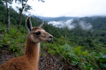 Obraz premium A llama gazes thoughtfully over a breathtaking mountain vista, combining elements of wildlife with the awe-inspiring beauty of nature's landscapes and expansive horizons.